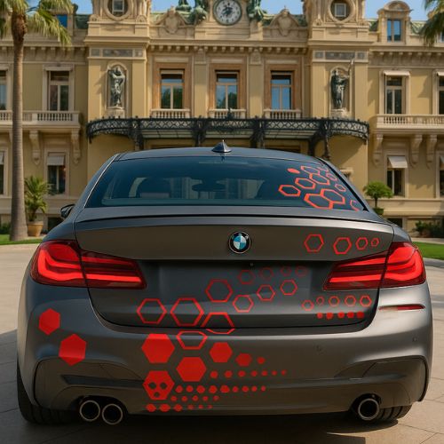 autocollant hexa rouge sur BMW grise