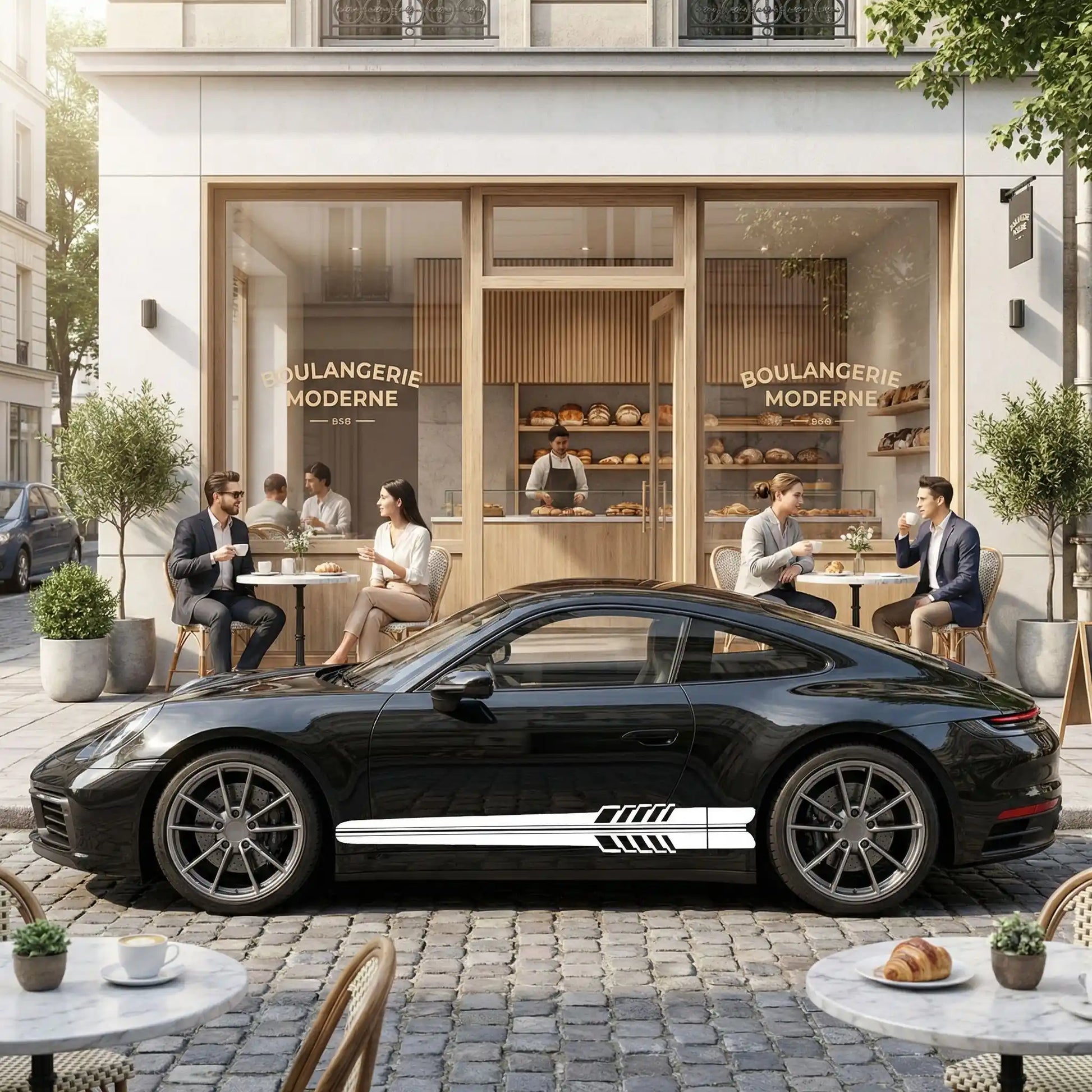 autocollant voiture blanc sur porche noir
