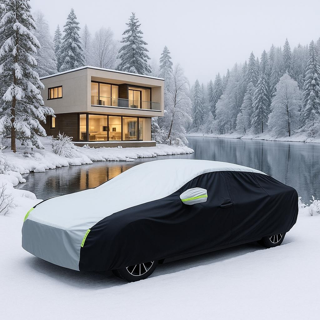 bache pour voiture en hiver pres lac
