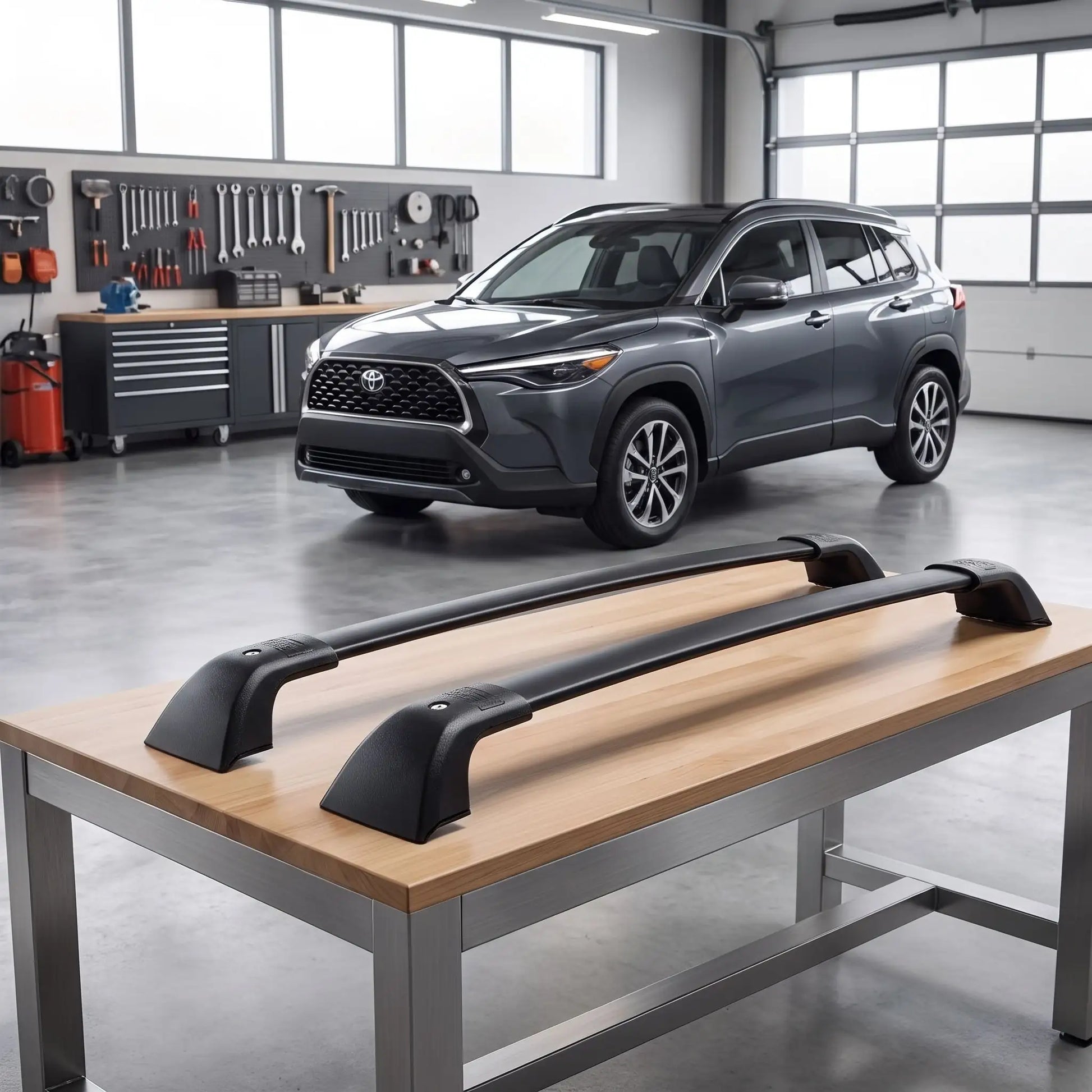 barre de toit aluminium noir ssur une table