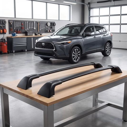 barre de toit aluminium noir ssur une table