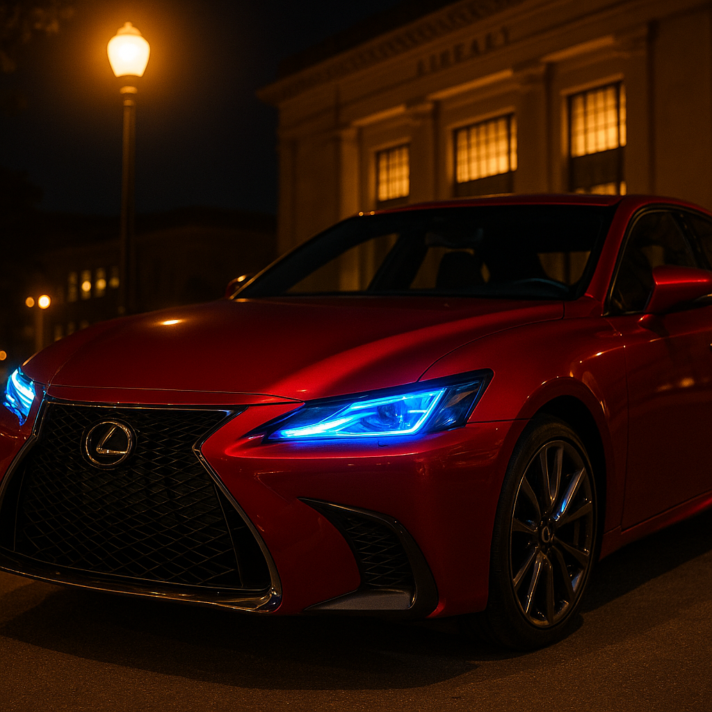 film pour phares bleu sur voiture rouge