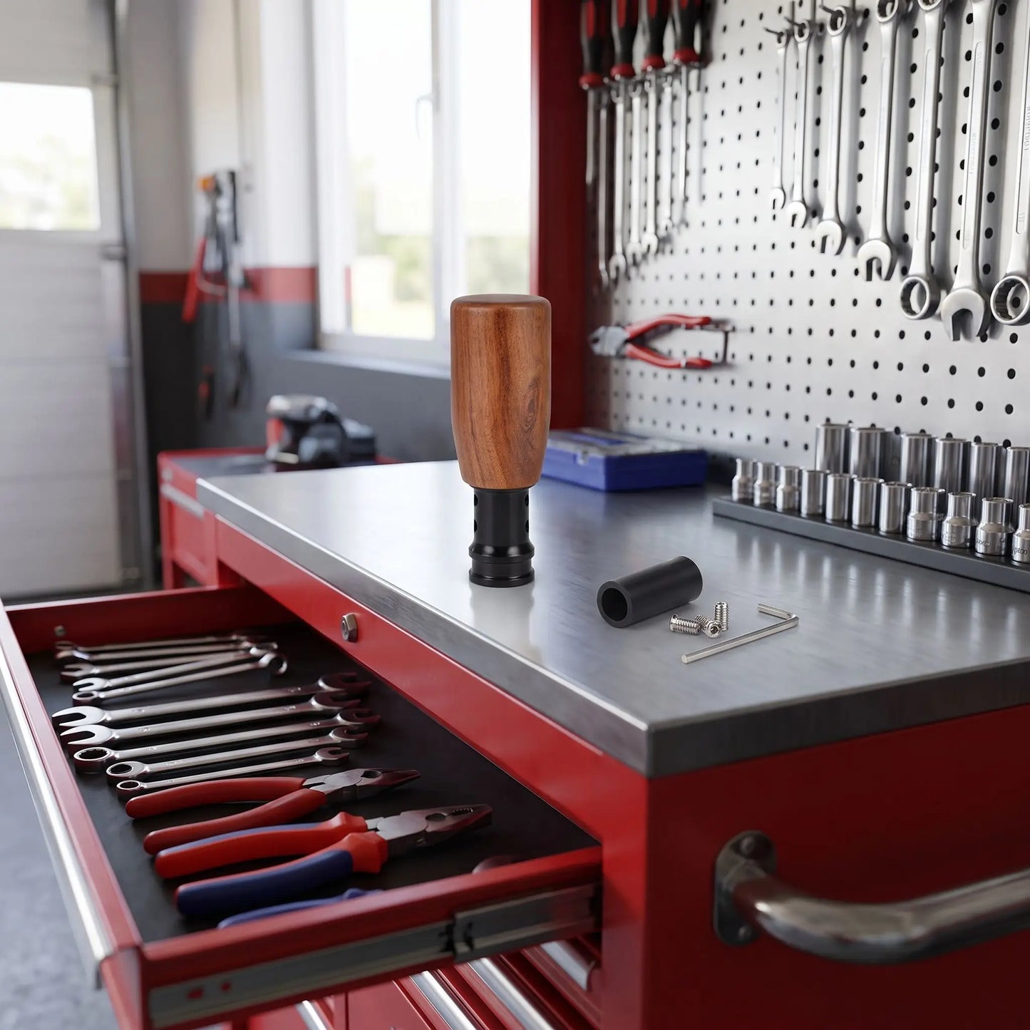 pommeau levier vitesse vintage sur coffre a outils