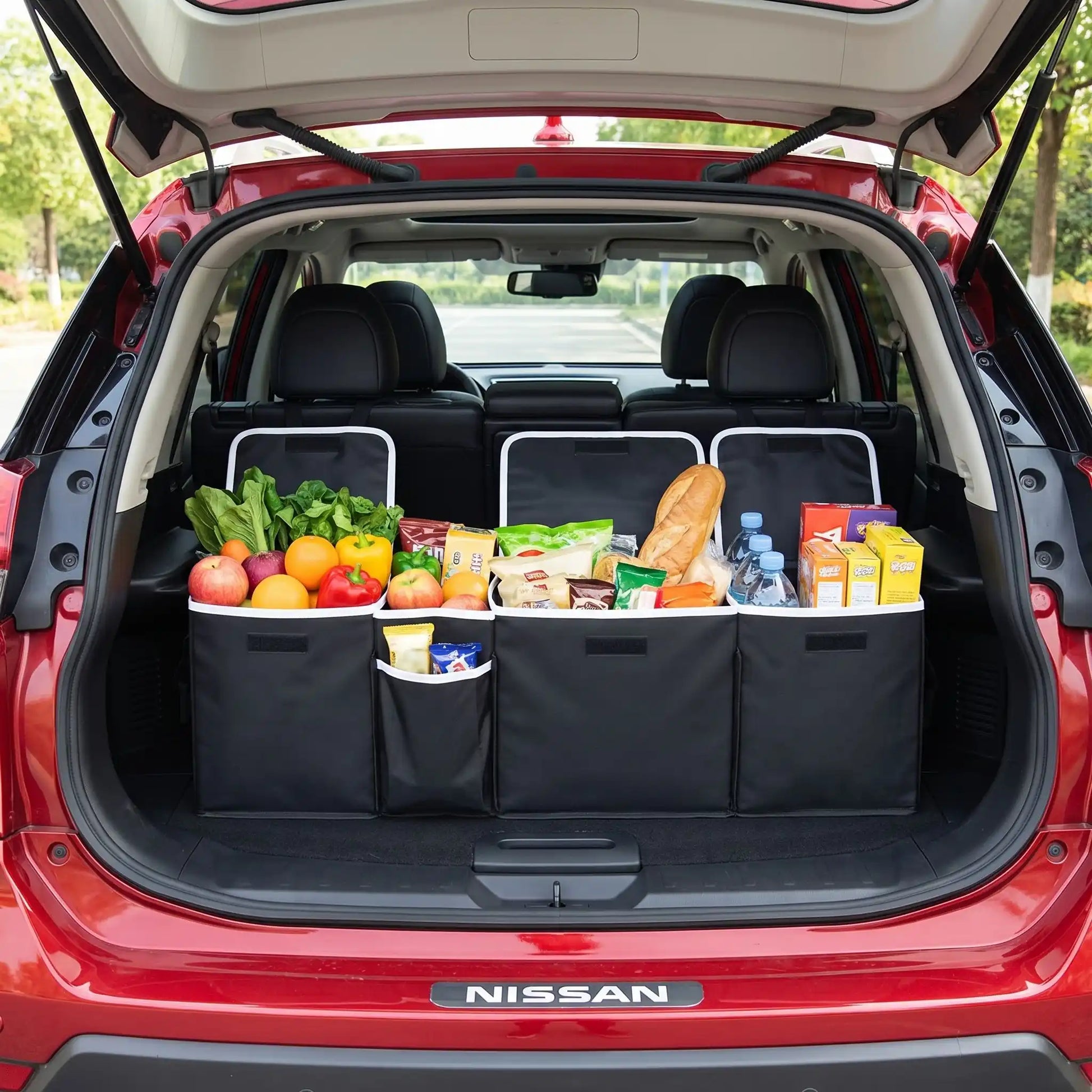 rangement coffre voiture plein dans vus rouge